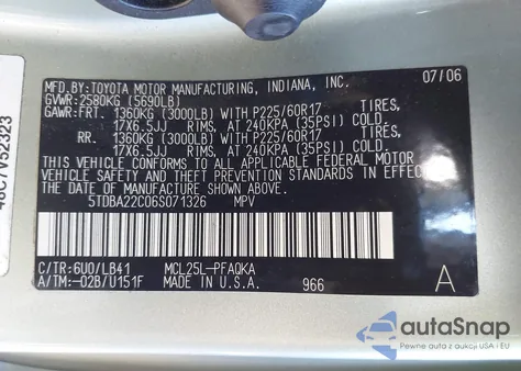 2006 Toyota Sienna Xle Limited z USA, uszkodzony, nr VIN 5TDBA22C06S071326